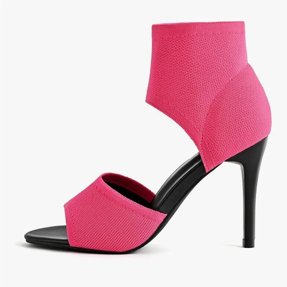 👉 Women’s Hot Pink Peep Toe Stiletto Heel Sandals – Stretch Knit Slip-On